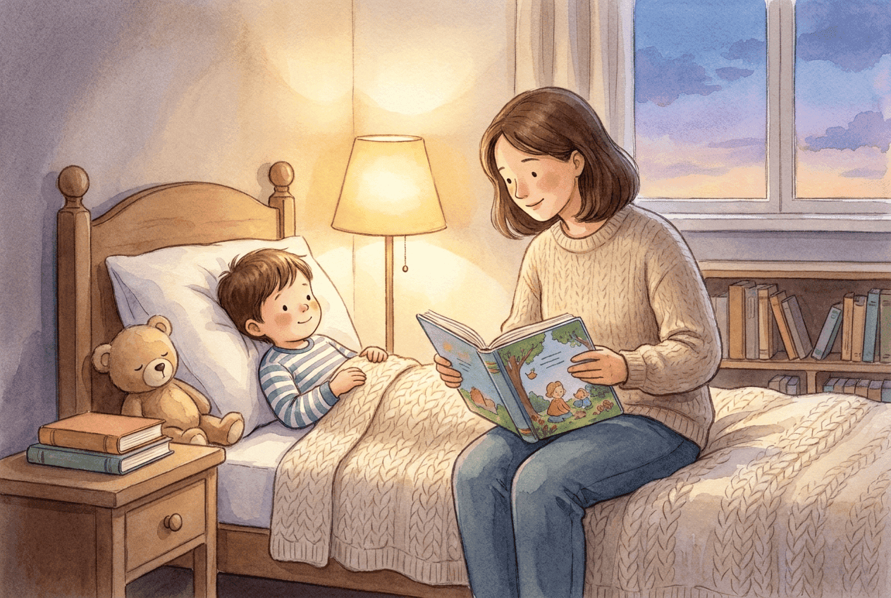 Ein Elternteil liest ein Bilderbuch mit einem Kind im gestreiften Schlafanzug, das im Bett liegt, in einem gemütlichen, lampenbeleuchteten Schlafzimmer in der Abenddämmerung mit einem Teddybär in der Nähe.