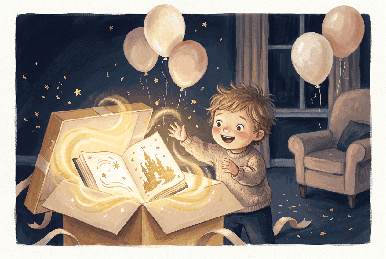 Una caja de regalo con lazo dorado que revela un libro de cuentos personalizado y luminoso mientras un niño extiende la mano hacia él.
