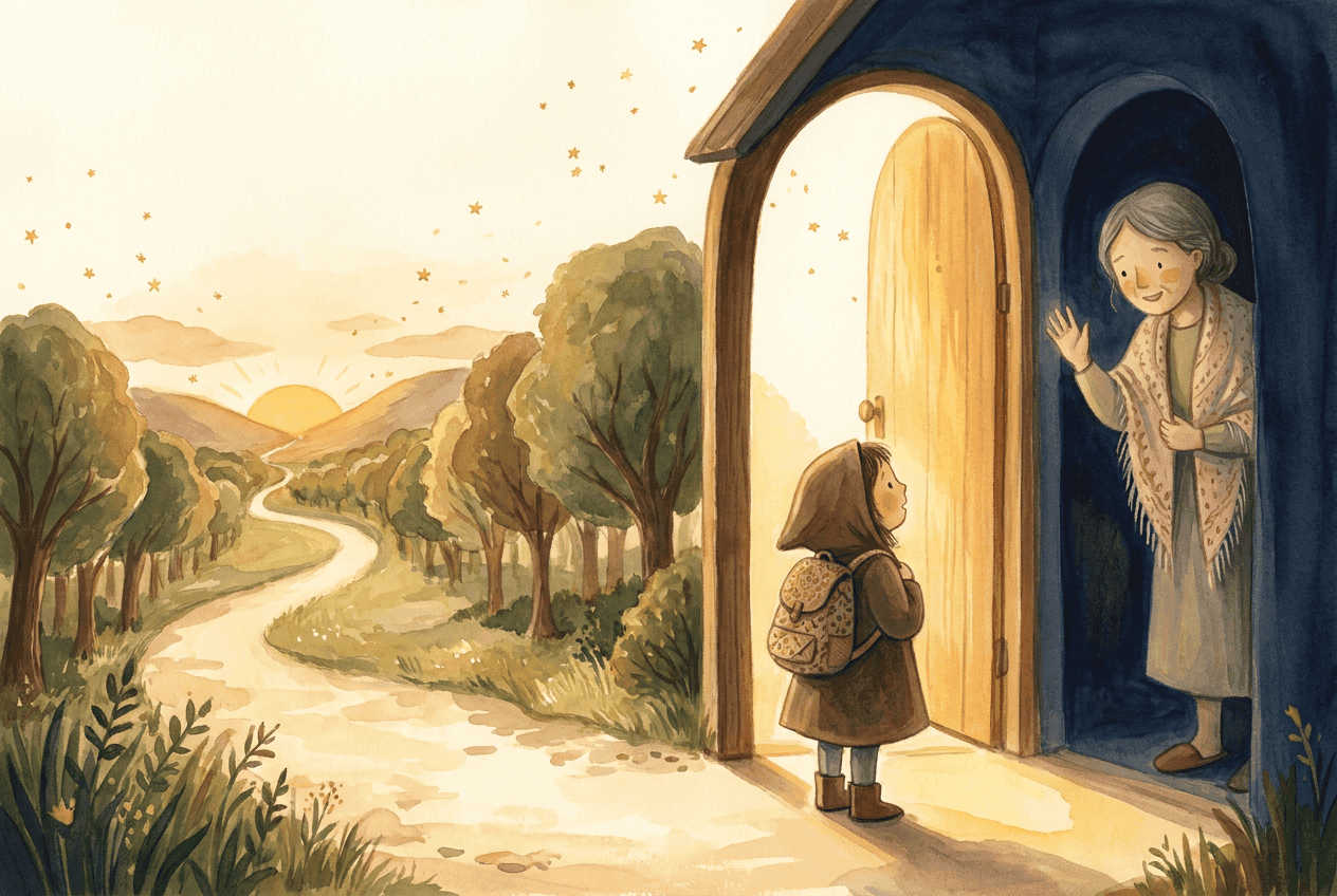 A small child with a backpack standing bravely at a sunlit doorway on the first morning of school.
