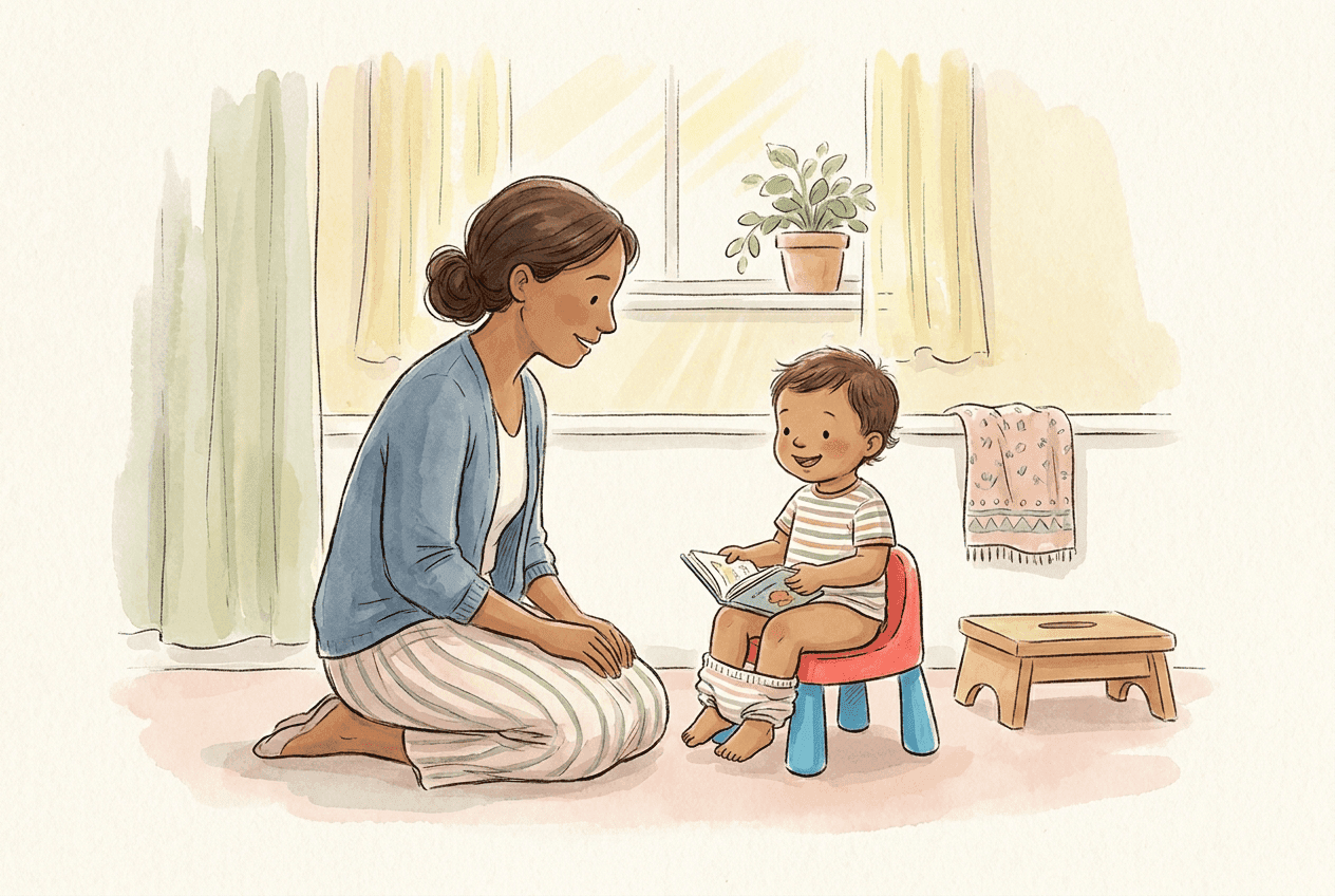 Watercolor illustration of a mother kneeling beside her smiling toddler, who sits on a small potty chair reading a little picture book in a sunny, plant-filled bathroom.