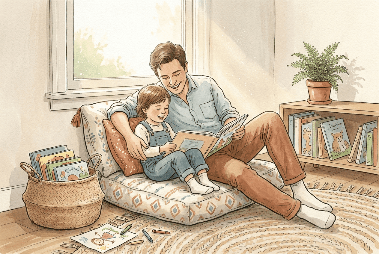 Un parent et un jeune enfant lisant un album ensemble sur un coussin, dans un coin lecture baigné de soleil, avec un panier de livres et des crayons à proximité, sans aucun écran en vue.