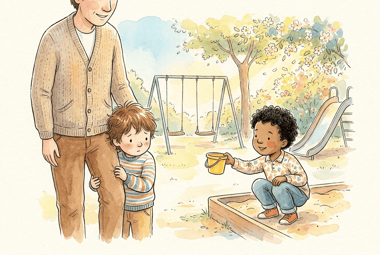 A shy young child peeks out from behind a parent's leg on a sunny playground while another child crouched at the sandbox warmly offers a yellow sand bucket, inviting them to play.