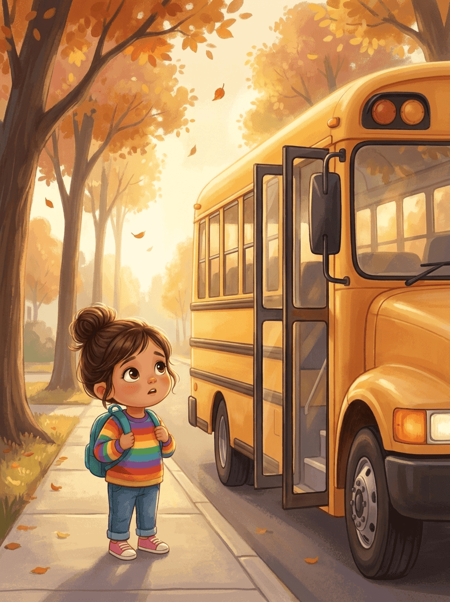 Kaia, backpack on, looks up from the corner as the big yellow school bus opens its doors on her first morning.