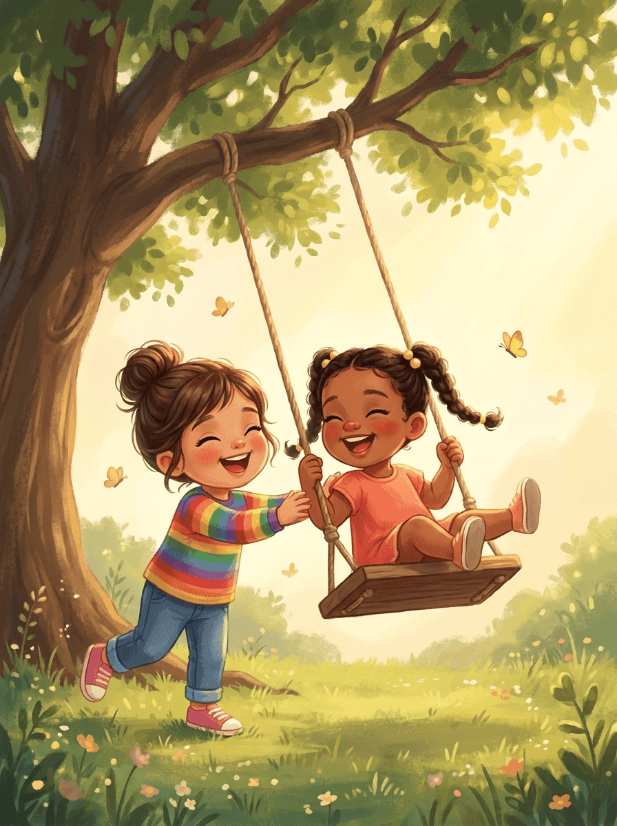 Kaia pushes her laughing new friend Priya high on the park swing as they take turns.