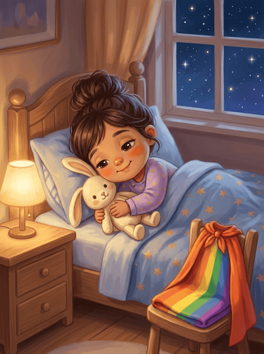 Kaia snuggles deep under her starry quilt hugging Bunny, her rainbow cape folded on the little chair nearby.