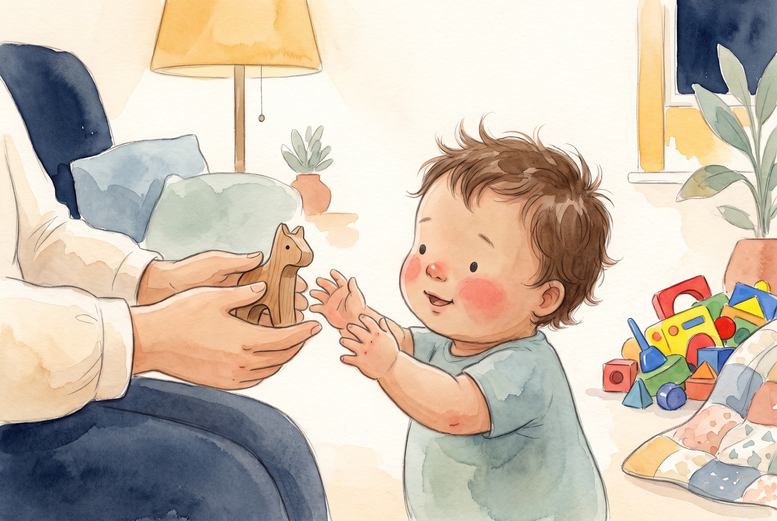 A pair of adult hands holding out a small keepsake object toward a baby reaching for it, while a pile of loud plastic toys sits set apart to one side.