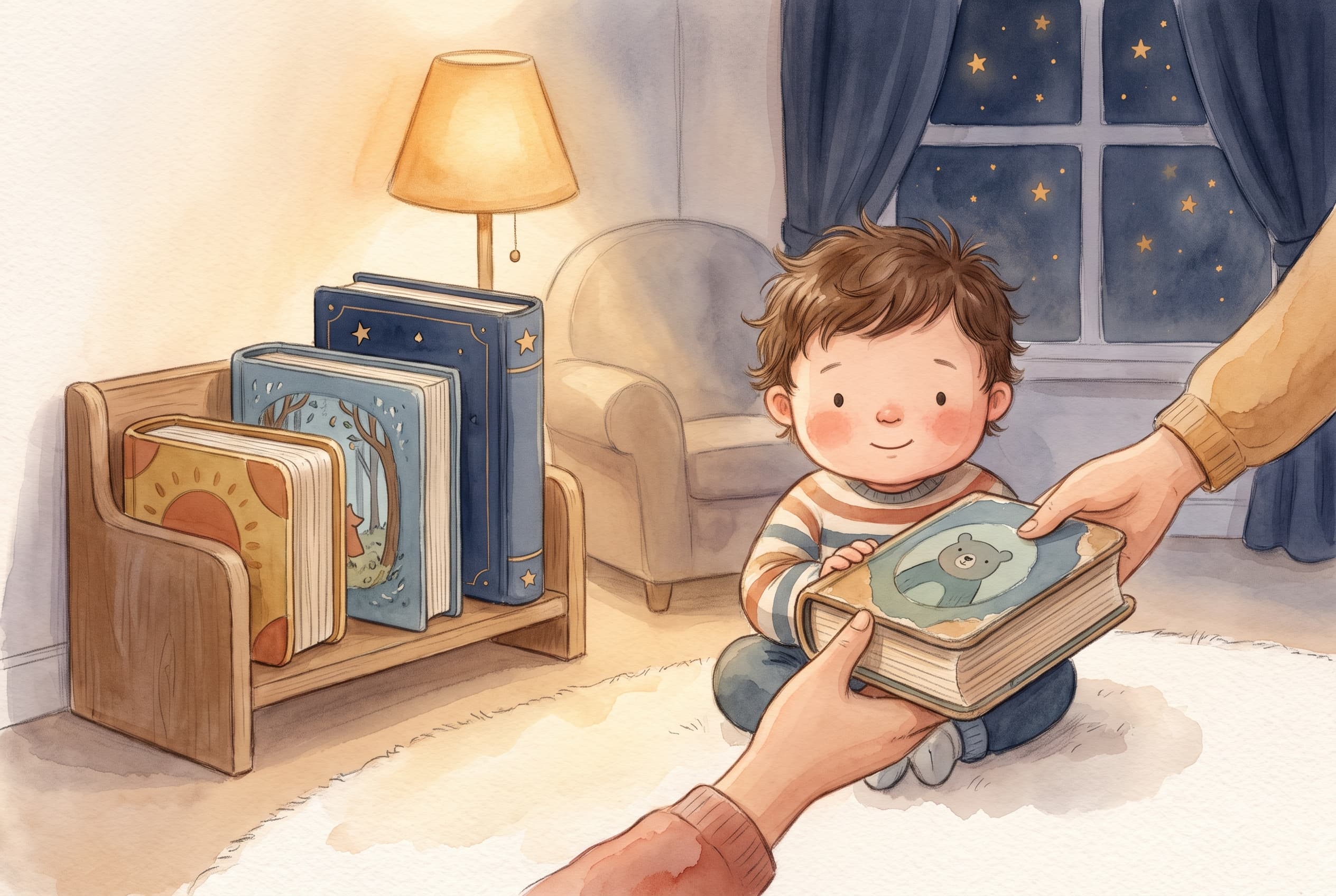 A parent's hand slides a thick board book toward a toddler while a slimmer picture book and an early chapter book wait in a small stepped row, shortest to tallest, showing which book fits which stage.