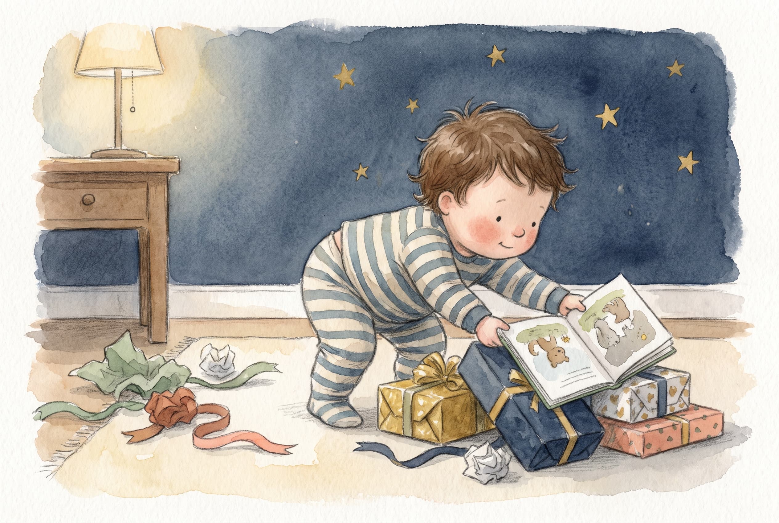 A toddler reaching past a pile of shiny wrapped boxes to hold onto a simple open picture book, with the discarded packaging pushed to one side.