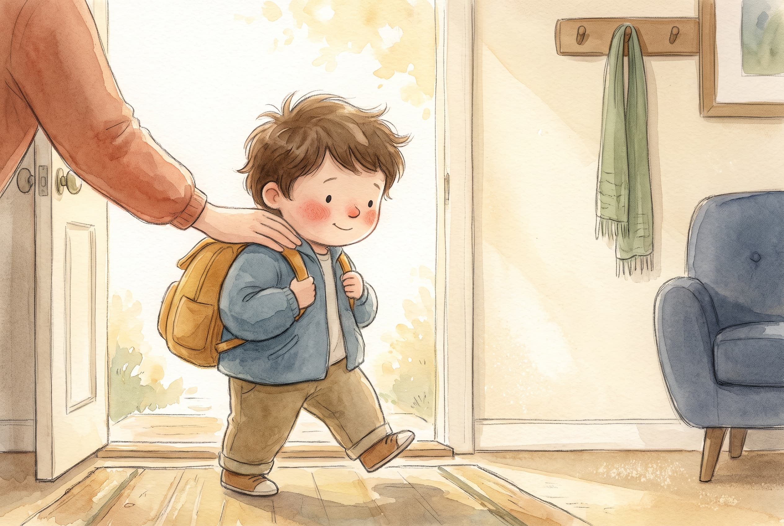 A small child stands at an open front door with a backpack on their shoulders, one foot stepping outside toward a bright doorway while a parent's hand gently rests on their back, staying behind at the threshold.