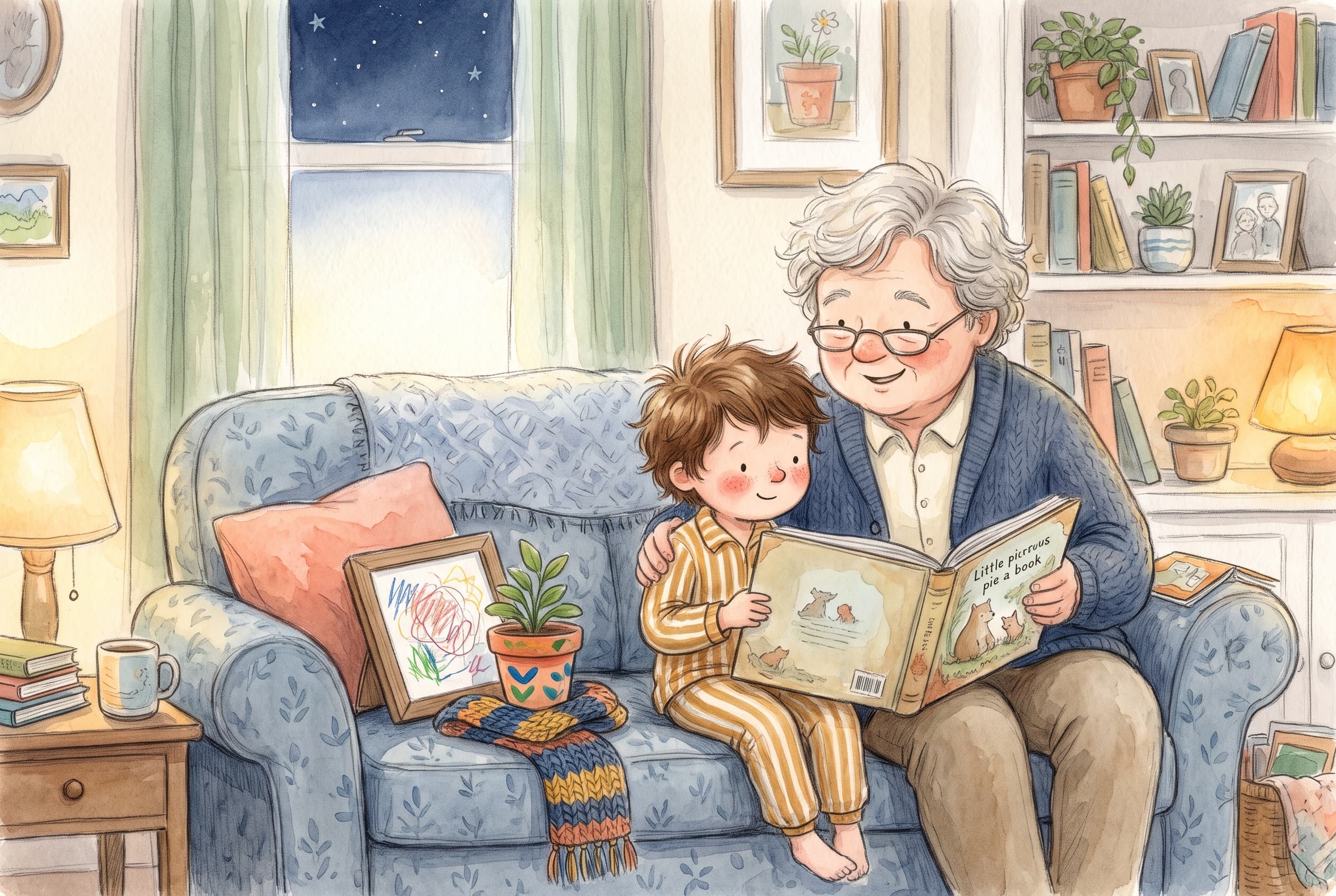 Illustrated grandparent and grandchild reading a storybook together on a cozy couch