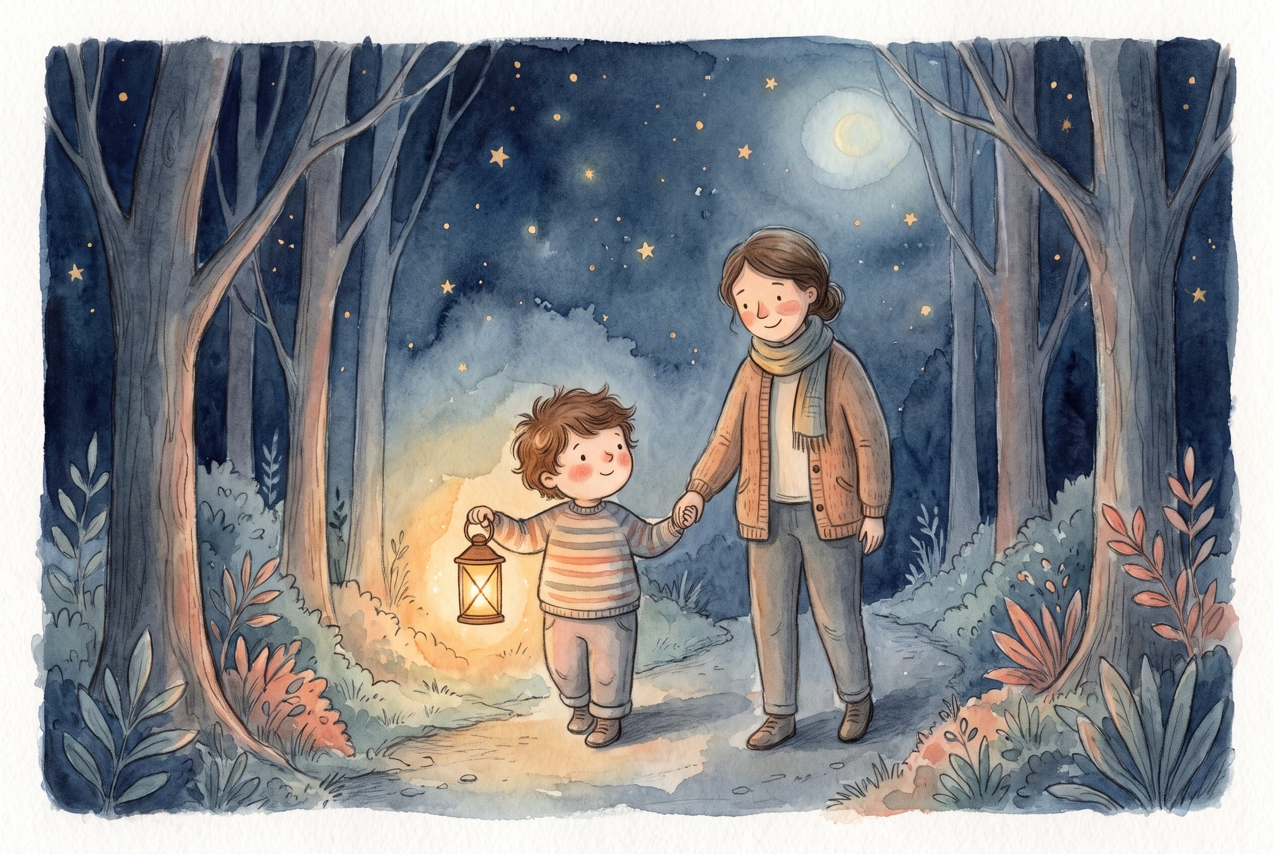 A child holding a glowing lantern in a dark forest, walking calmly beside a caring parent