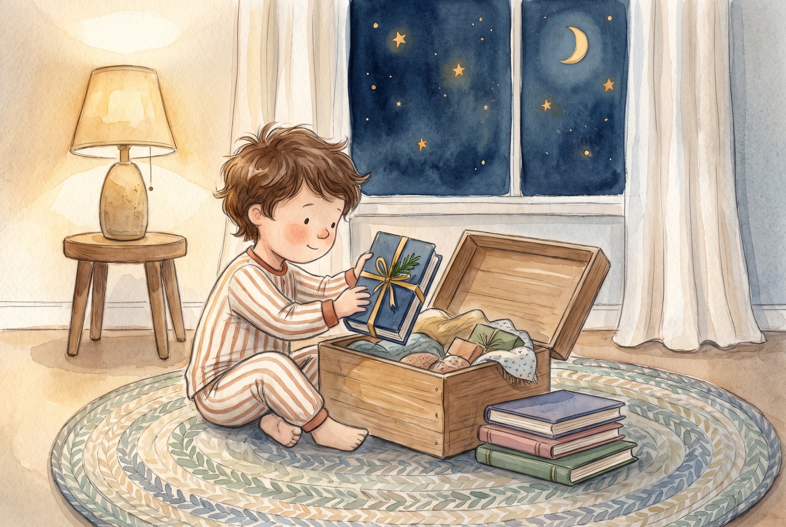 A child in pajamas sitting on the floor beside an open Christmas-Eve box, lifting a single wrapped book out of it while last year's books rest in a small stack nearby, showing one new book joining the growing collection.