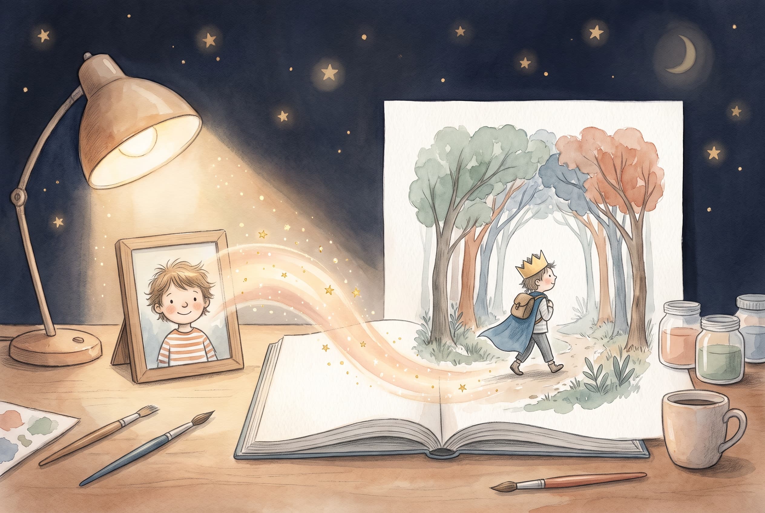 An editorial illustration showing a child's photo transforming into a storybook character on an open book