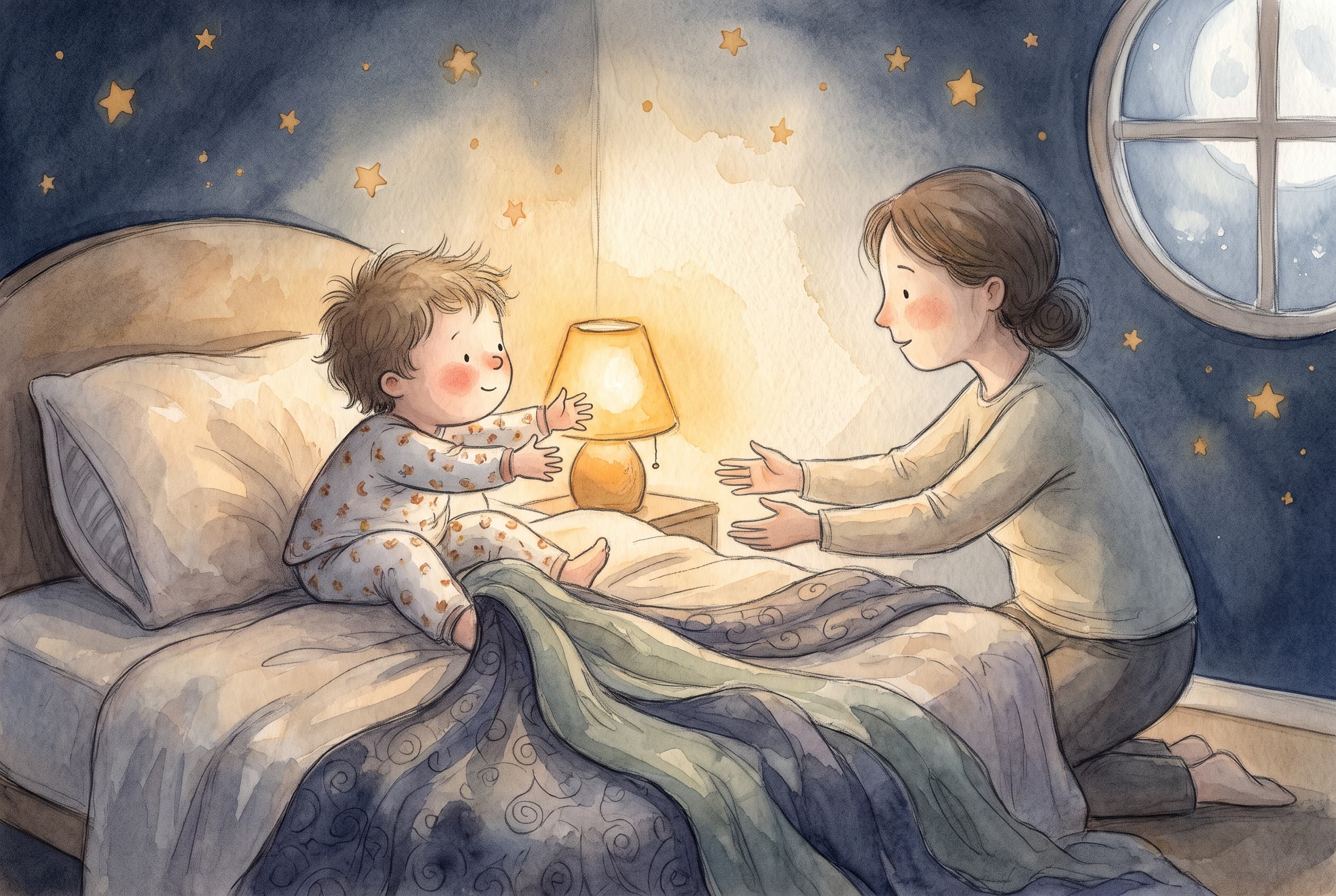 A young child sits up in bed reaching toward a parent's open arms in the dim room, while the tangled, shadowy blanket that had been pulled tight around them loosens and falls away.