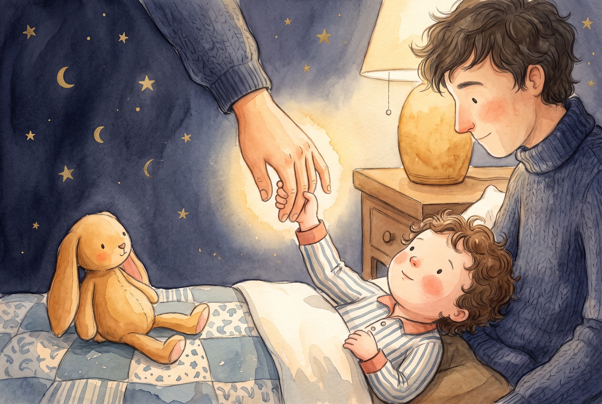 A toddler's small raised hand paused mid-air, gently caught and held in a parent's larger hand, the two pairs of hands meeting at the center while a soft toy rests untouched to the side.