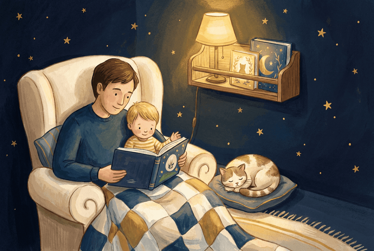 Ein Elternteil und ein kleines Kind stöbern im Lampenlicht durch ein Regal mit personalisierten Bilderbüchern.