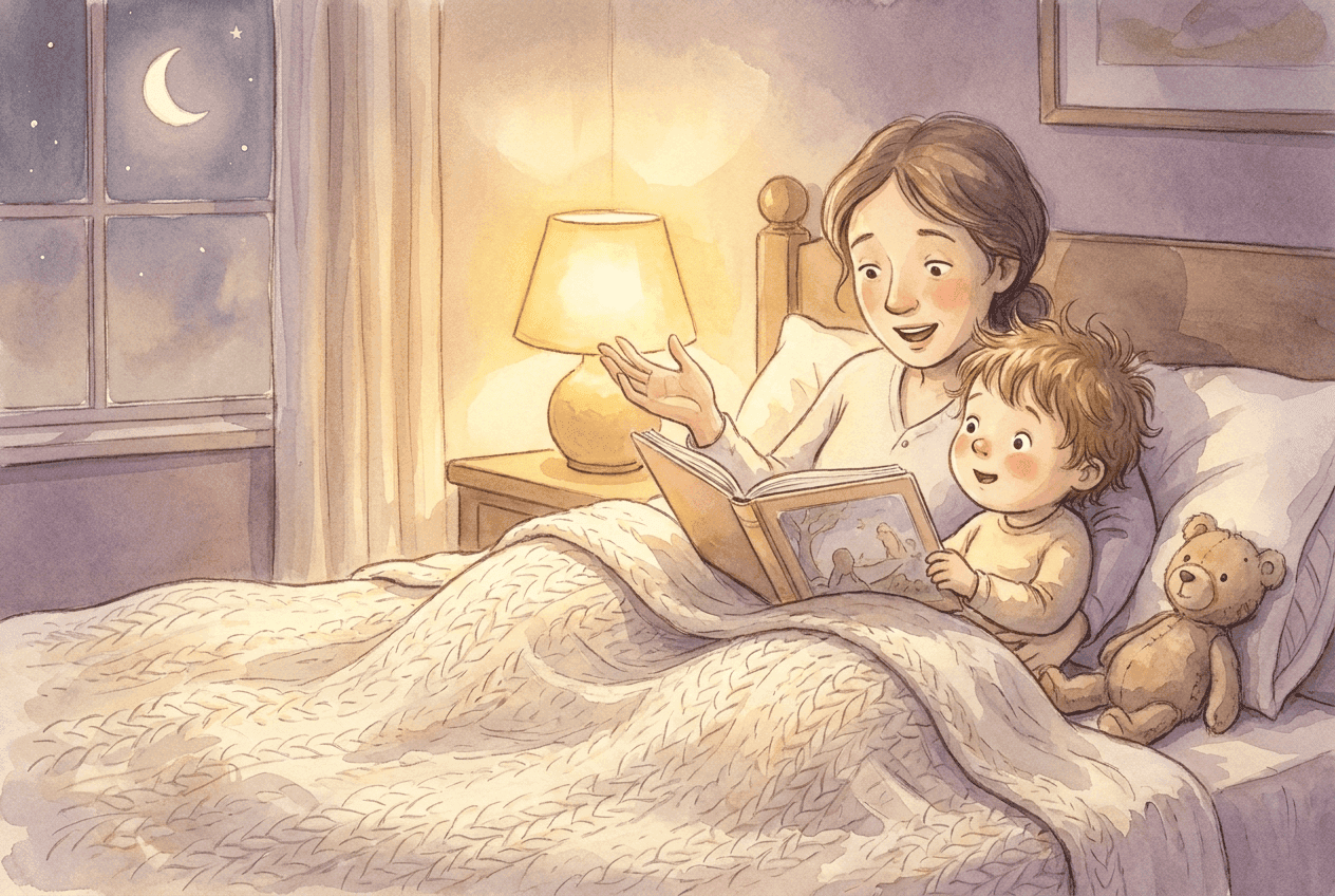 Warme Aquarell-Illustration eines Elternteils und eines kleinen Kindes, die zur Schlafenszeit unter einer gestrickten Decke kuscheln und beim Schein einer einzelnen Lampe gemeinsam ein Bilderbuch lesen, mit einer Mondsichel im Fenster.
