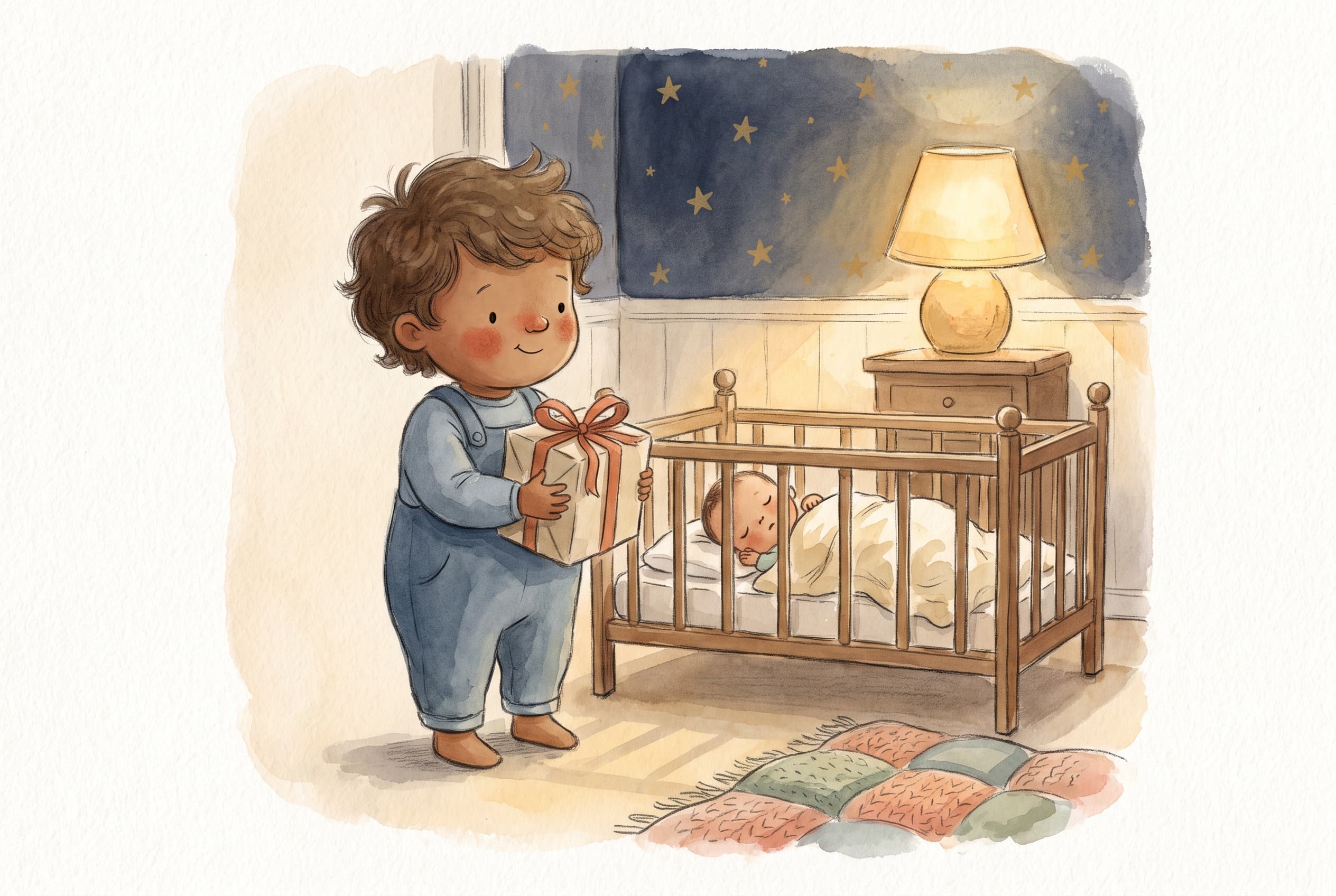 Illustration of a proud older child holding a wrapped gift beside a newborn's crib