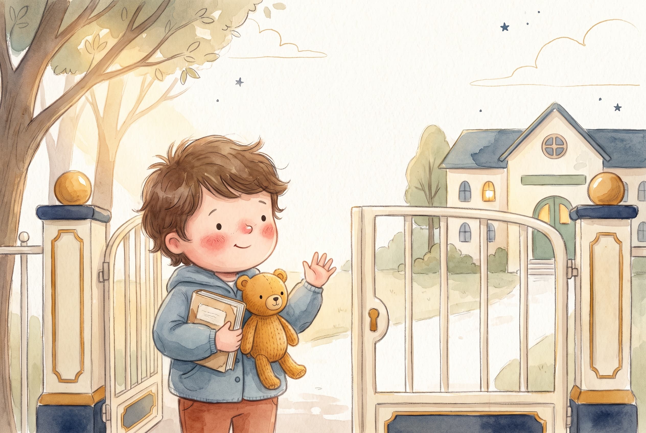 A child clutching a small comfort book and a soft toy at a school gate, waving goodbye with a brave smile