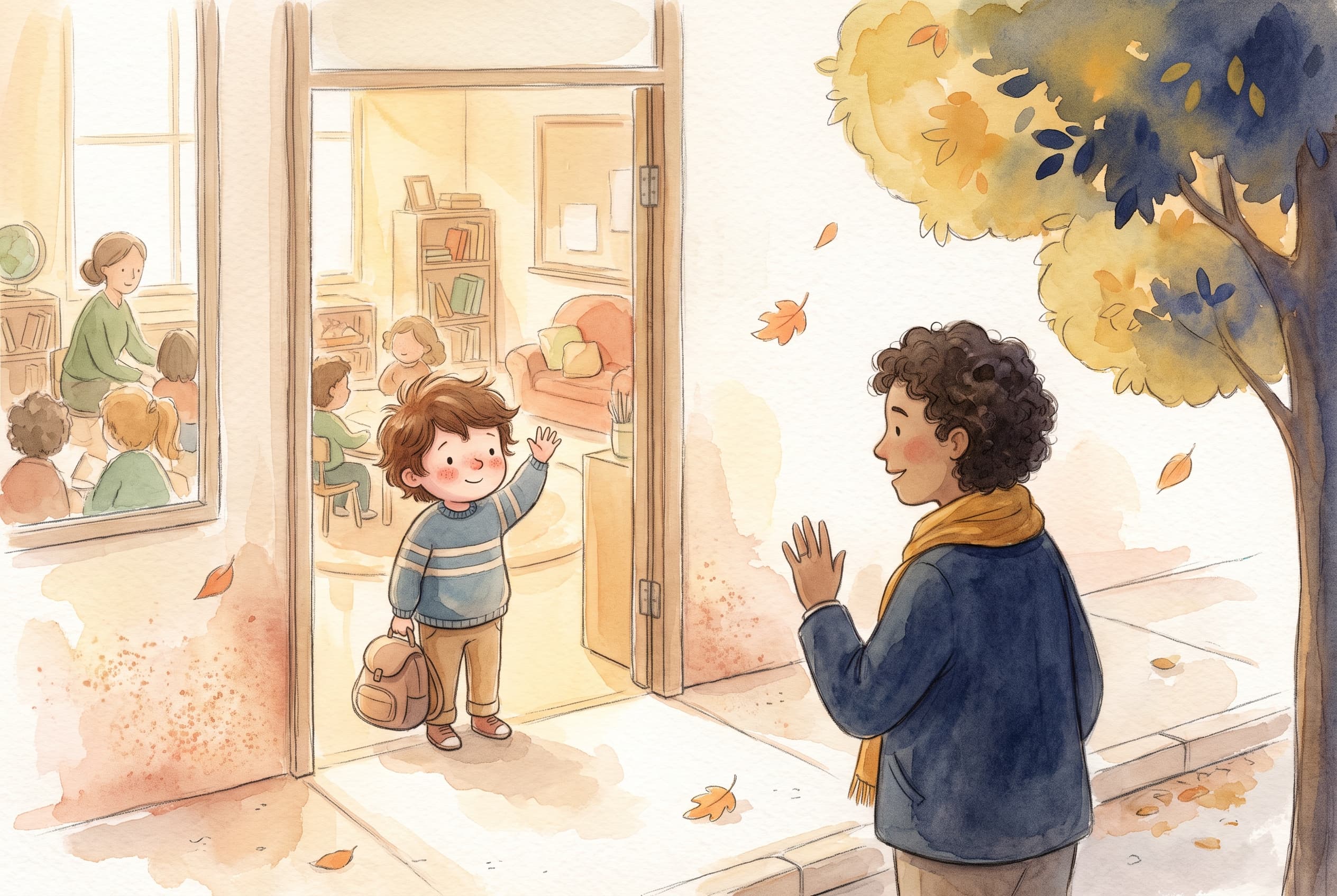 Illustrated child waving bravely at a classroom door while a parent smiles from the sidewalk