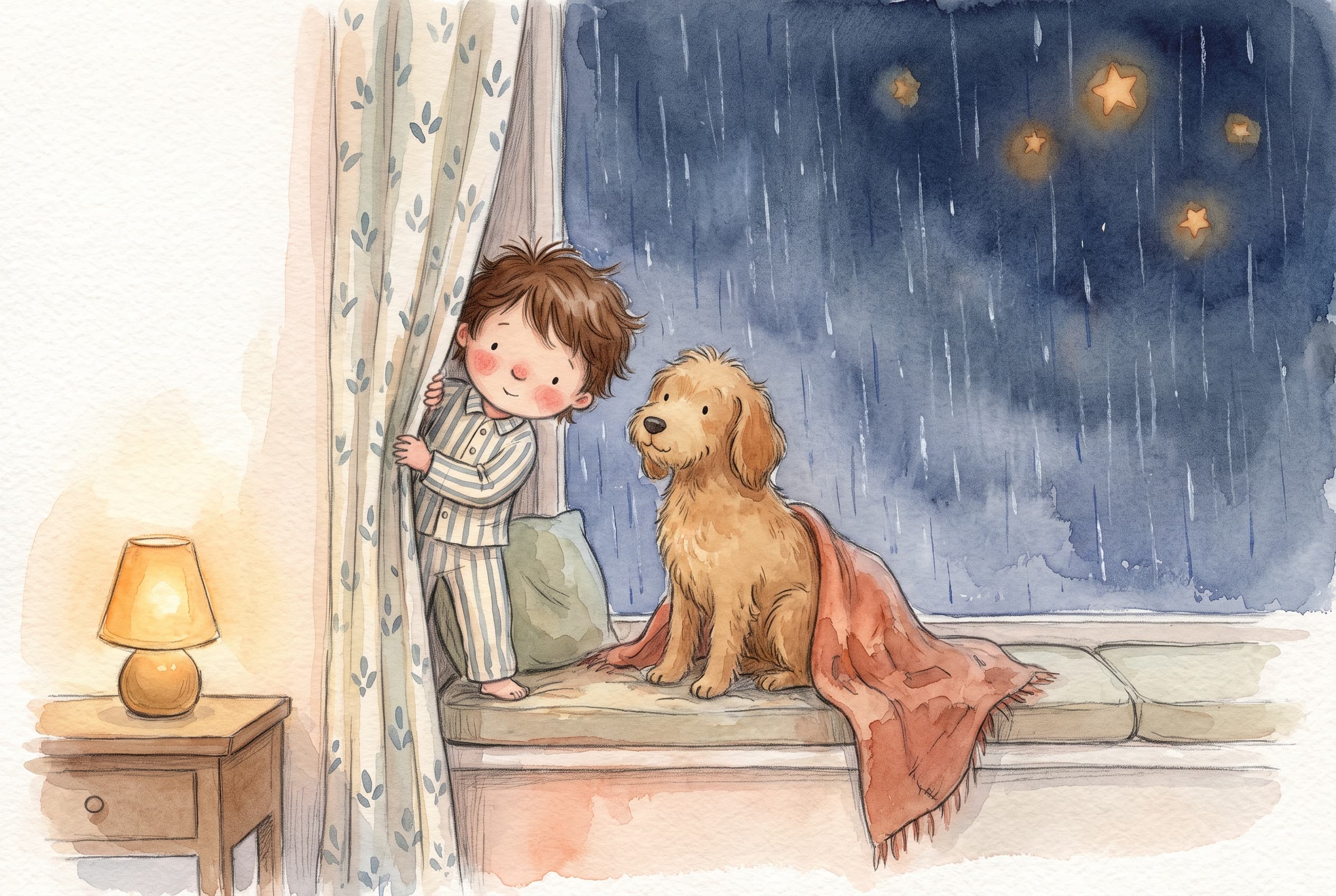 Illustrasjon av et lite barn i koselig pysj som titter modig ut av vinduet mot en regnfull himmel, mens en vennlig hund sitter i nærheten