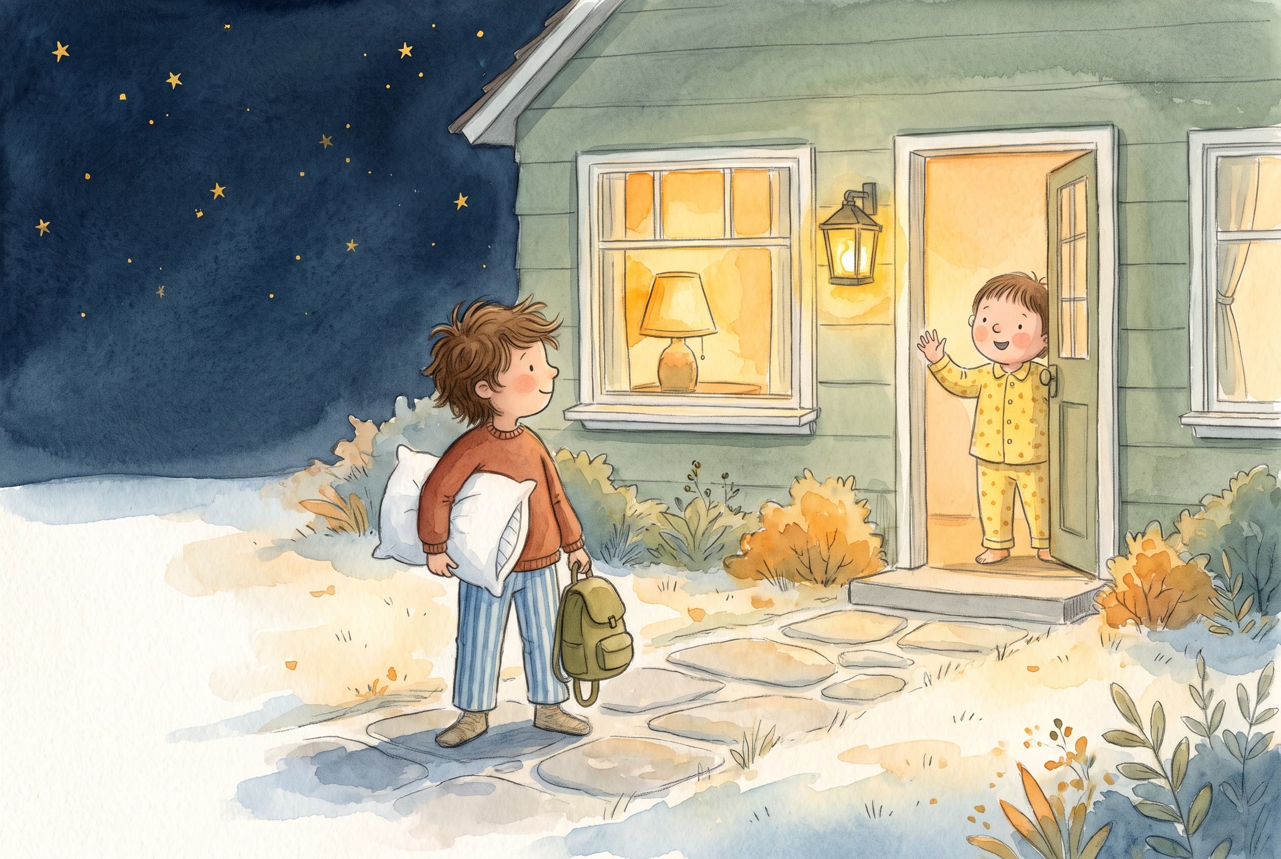 Ilustración editorial de un niño en pijama que sostiene una almohada y una mochilita, parado con seguridad frente a la puerta de casa de un amigo