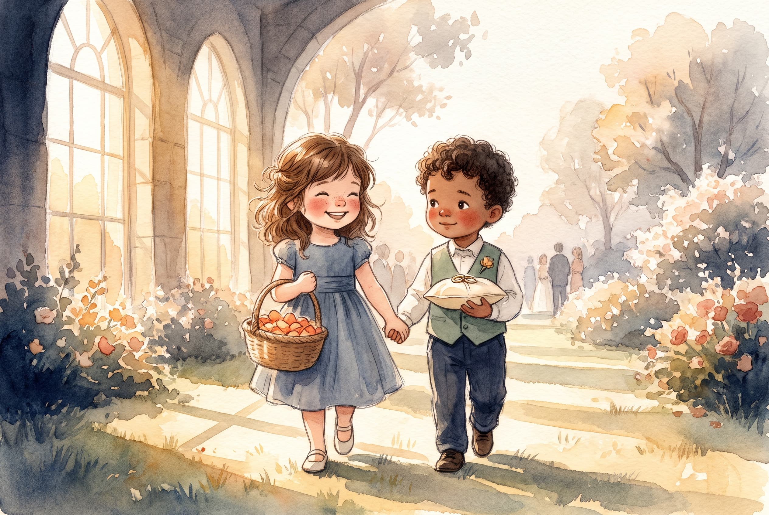 Illustration of a smiling flower girl with a basket of petals and a ring bearer holding a pillow, walking down a sunlit aisle
