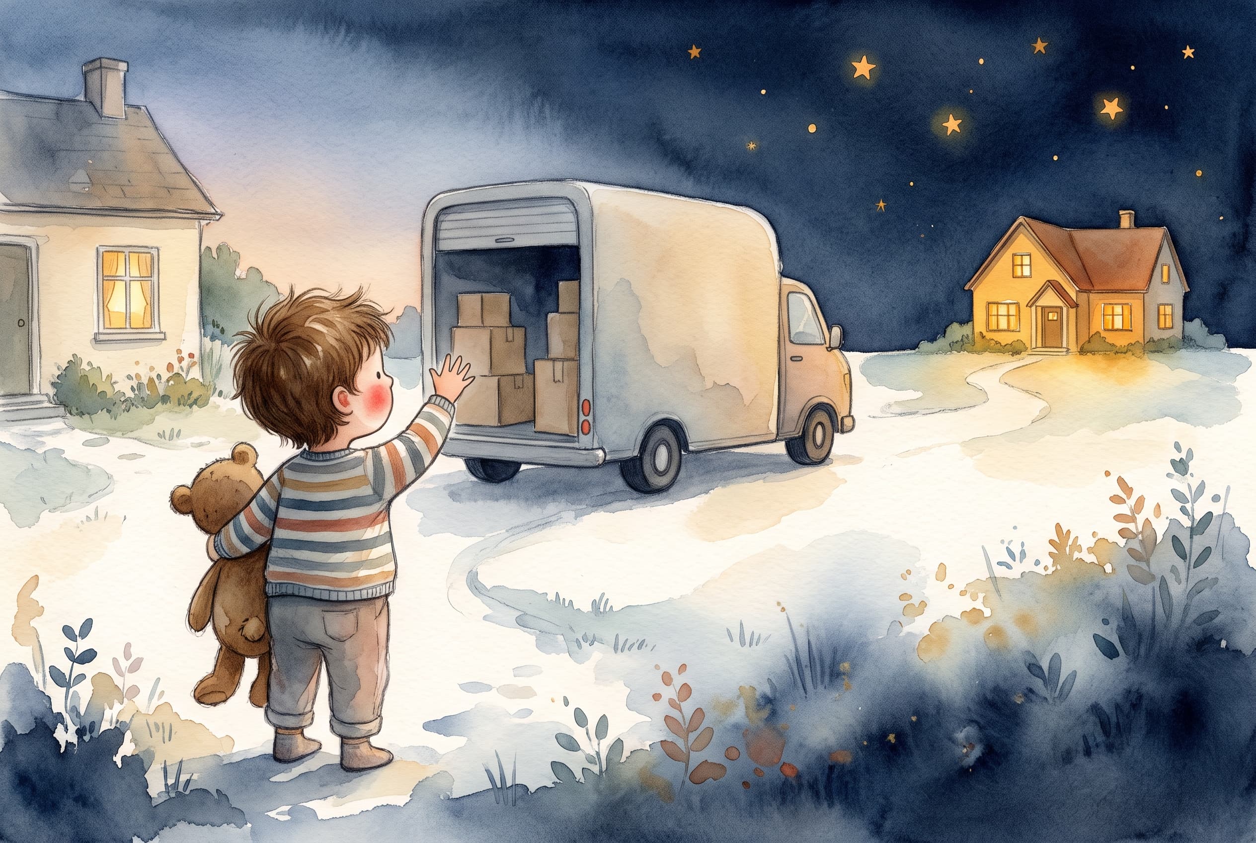 Illustration af et barn, der holder sit yndlingsbamse foran en flyttebil og vinker farvel til det gamle hus, mens et nyt hjem lyser op i det fjerne