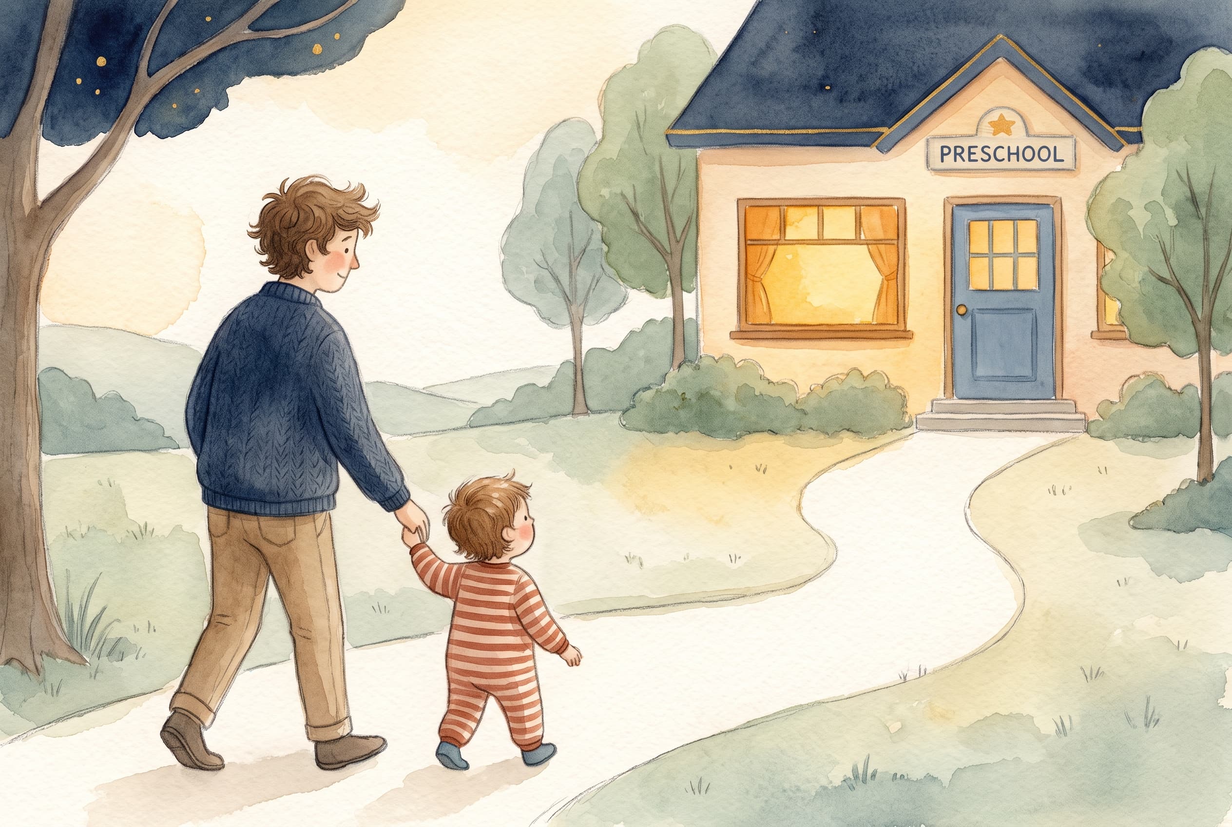 Illustrated parent and child walking hand in hand toward a bright, welcoming preschool building