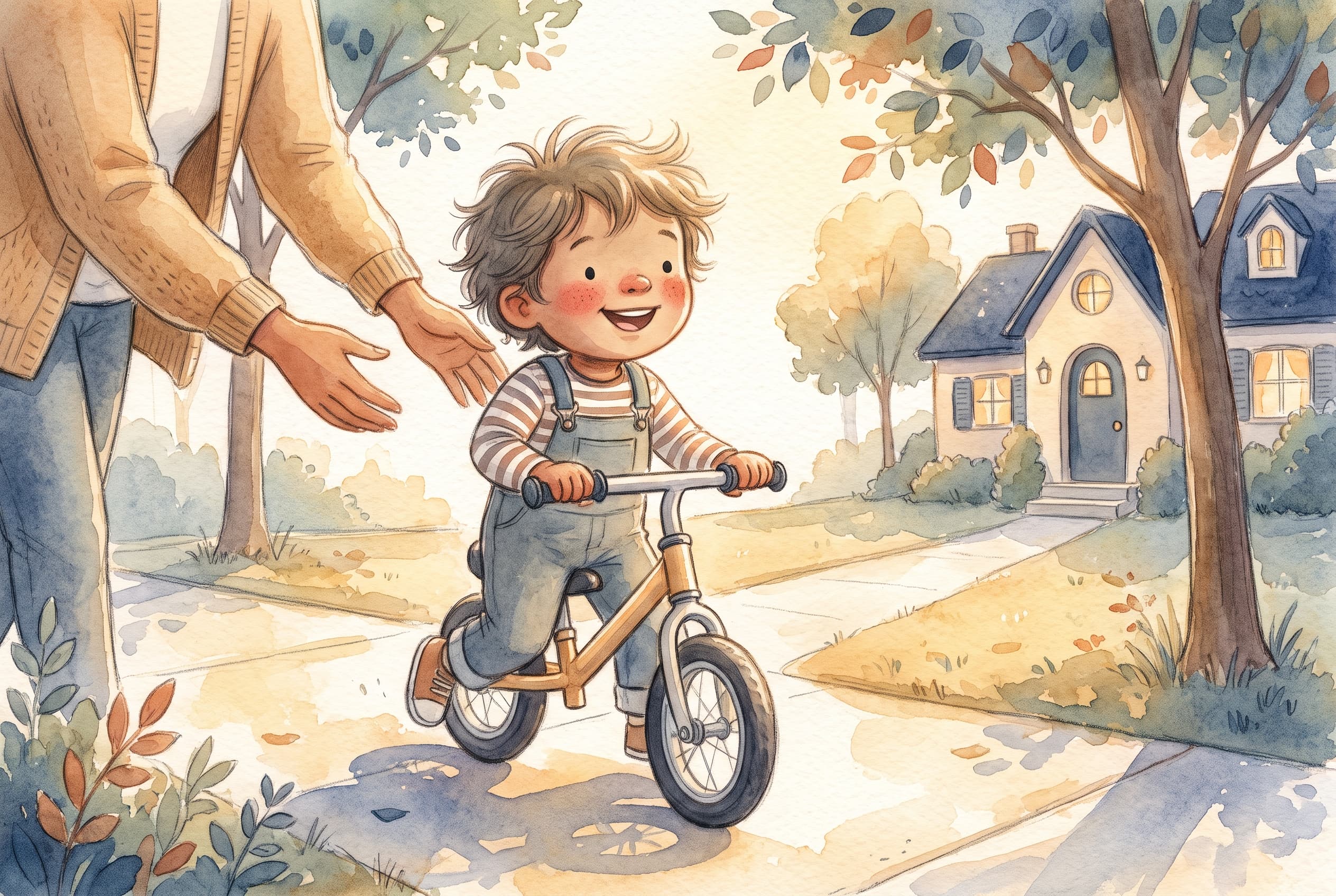 Editorial illustration of a smiling child gliding down a sunny sidewalk on a bike, a parent's hands lifting away behind them