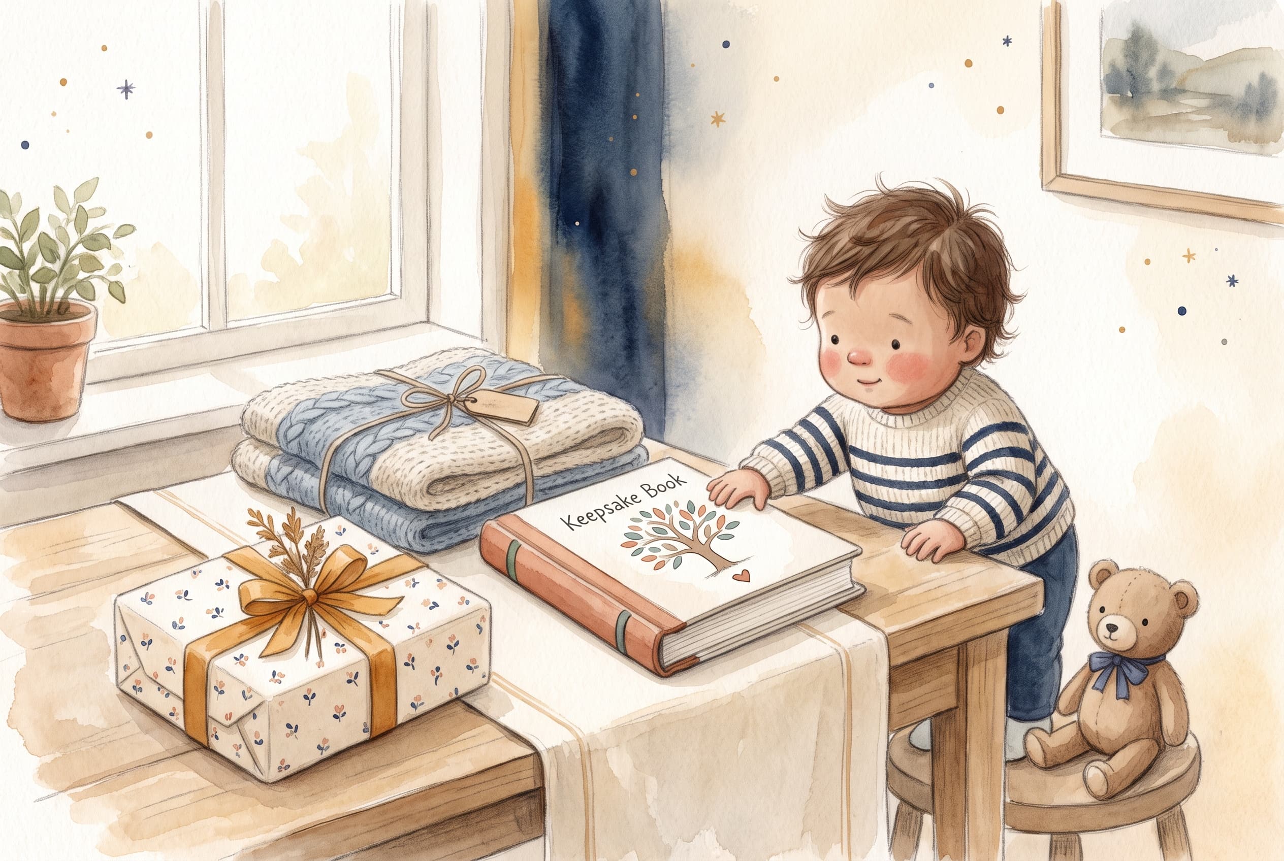 Table de cadeaux de naissance illustrée avec un livre souvenir, une couverture tricotée à la main et un présent emballé dans des tons pastel doux