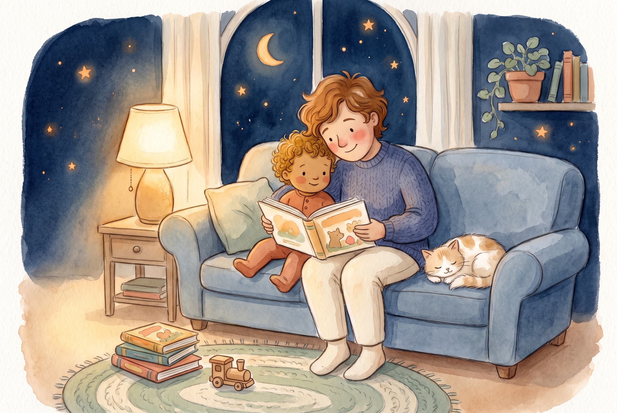 Warm illustration of a parent and young child sharing a picture book on a sofa