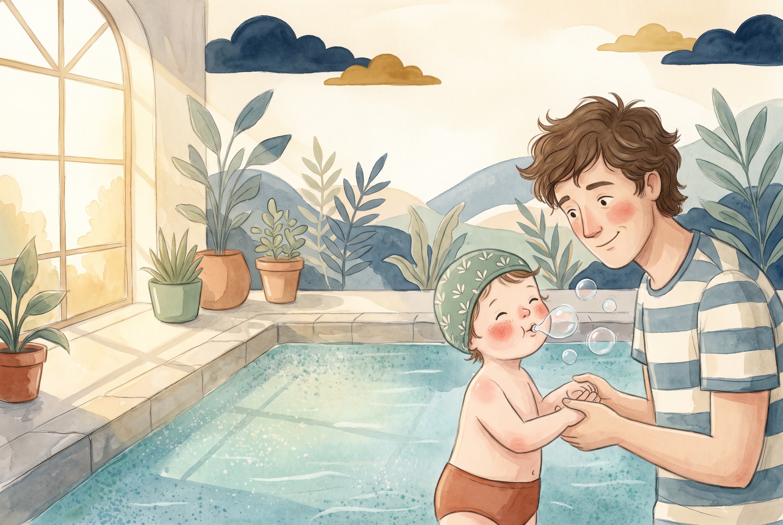 Editorial illustration of a smiling child in a swim cap blowing bubbles at the edge of a sunlit pool while a parent holds their hands